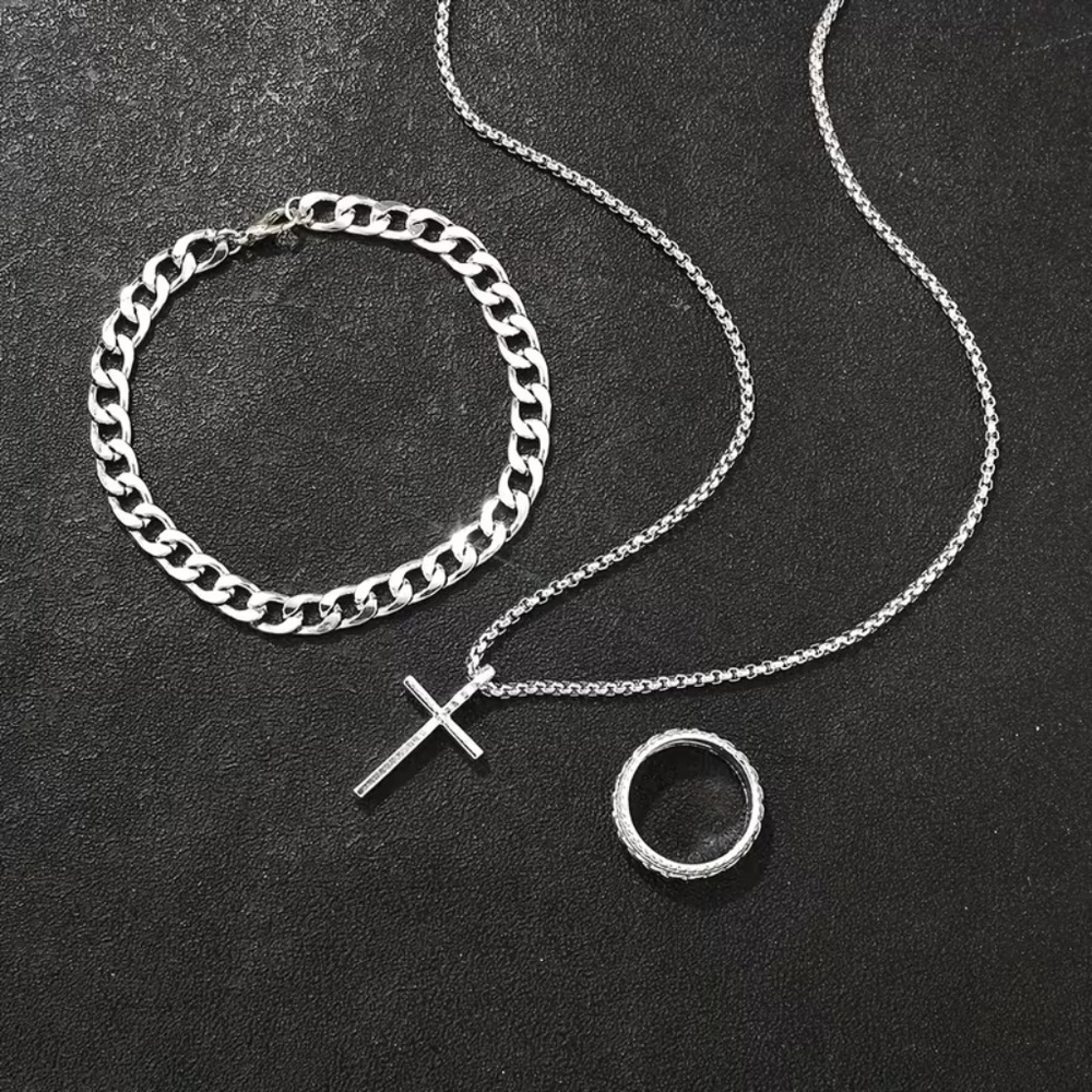 3PCS Men's Fashion Hip Hop Handsome Cross Jewelry Set, Necklace, Ring, Bracelet